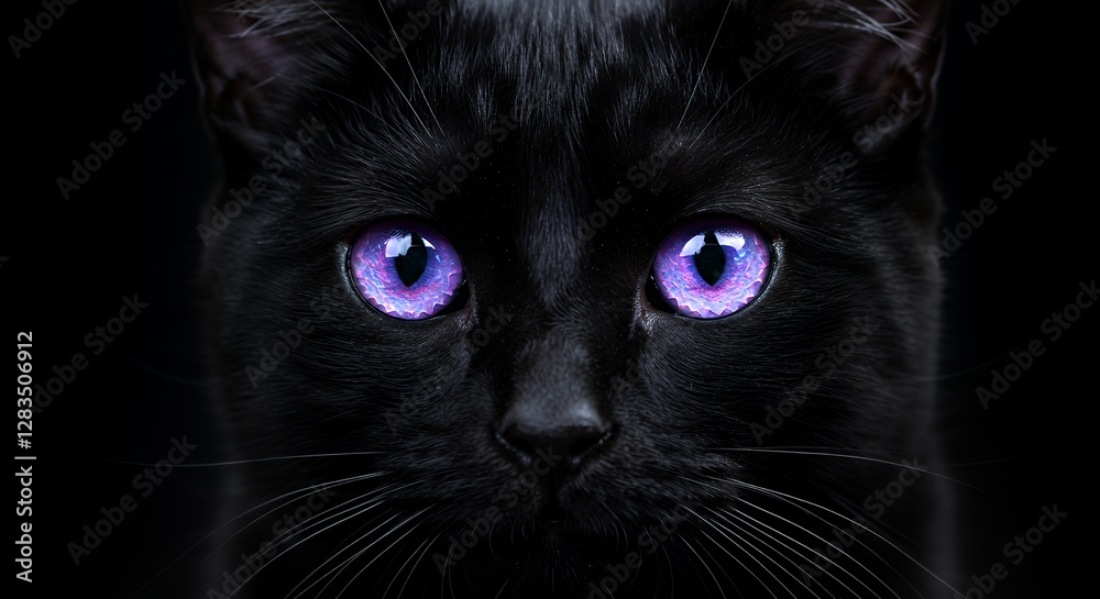Black Cat Close-up with Striking Purple Eyes Against Dark Background Black Cat Close-up with Striking Purple Eyes Against Dark Background