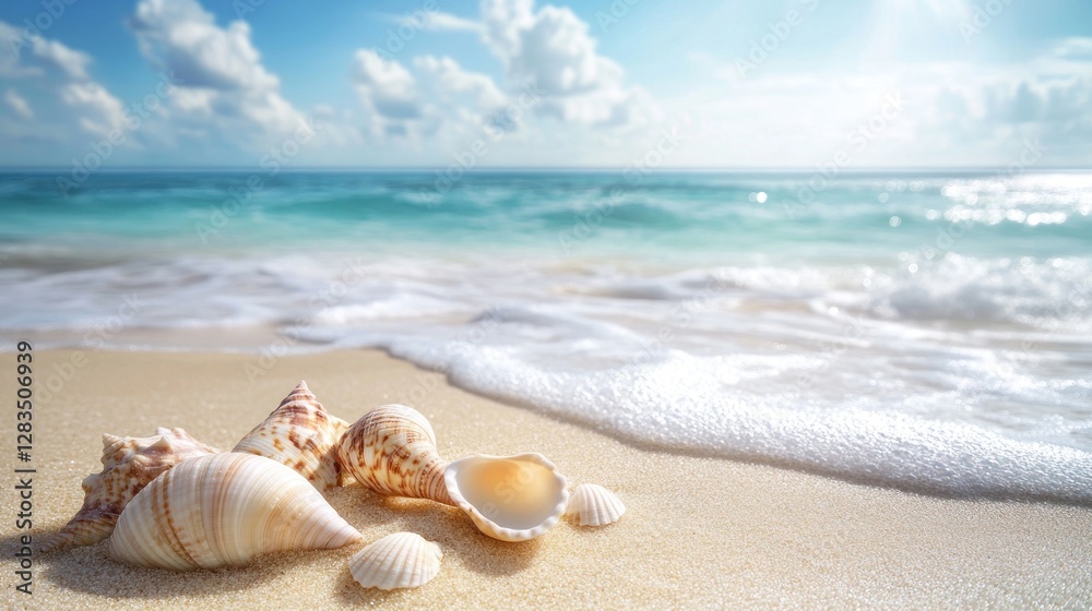 Seashells on sandy beach with ocean waves and clouds Seashells on sandy beach with ocean waves and clouds