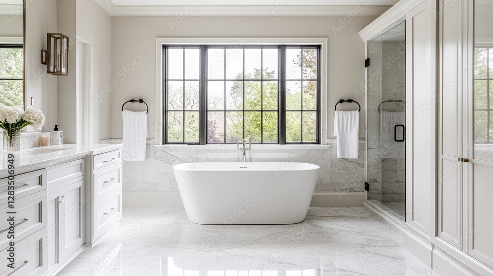 A wide, panoramic view of a newly expanded bathroom featuring a freestanding tub, modern lighting, and soft textures. A wide, panoramic view of a newly expanded bathroom featuring a freestanding tub, modern lighting, and soft textures.