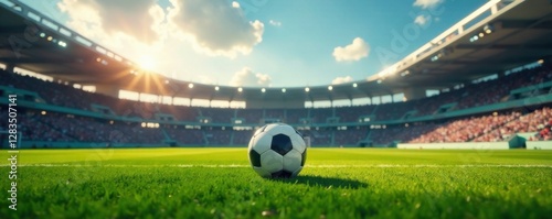 Flat football field with soccer ball at center, sport, ball, stadium