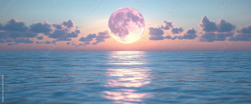 Pink Moon Setting Over Calm Ocean Pink Moon Setting Over Calm Ocean