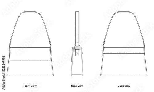 Minimalist Shoulder Bag Technical Fashion Illustration. Handbag Vector Template. Front, Side, and Back View. Elegant Silhouette. Adjustable Strap. CAD Mockup set.
