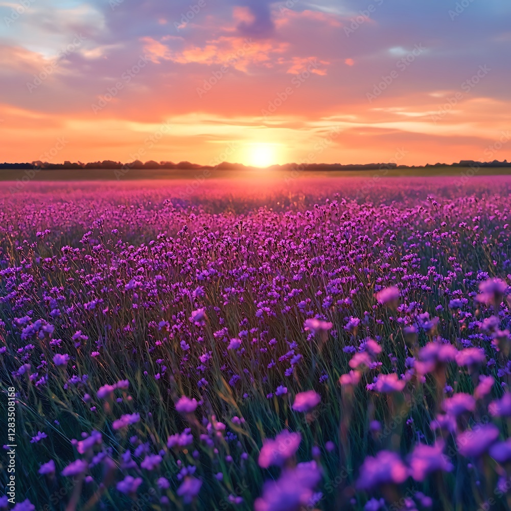 Naklejka premium Vibrant Purple Flower Field at Sunset with Blooms