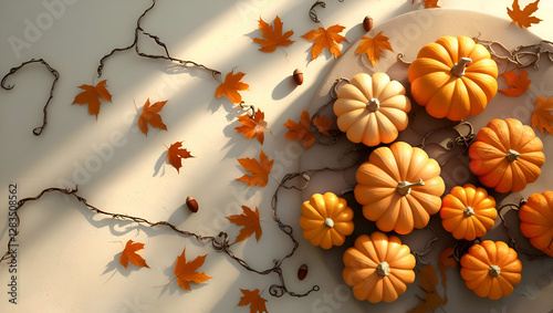 Autumn Harvest: Pumpkins and Fall Leaves on Light Surface