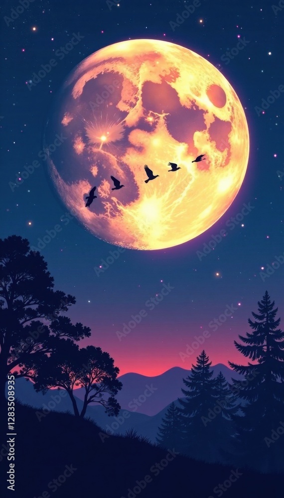 Fototapeta premium Flock of birds silhouetted against a full moon night sky with stars and trees in the foreground , birds, wildlife, sky