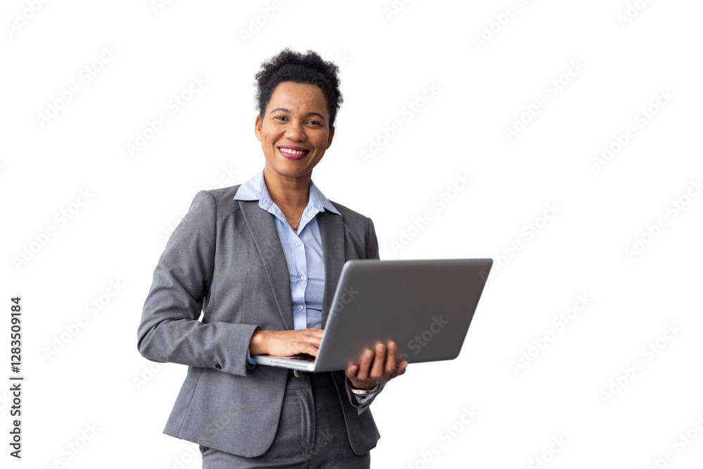 Modern African American professional typing on a laptop while carrying it Modern African American professional typing on a laptop while carrying it