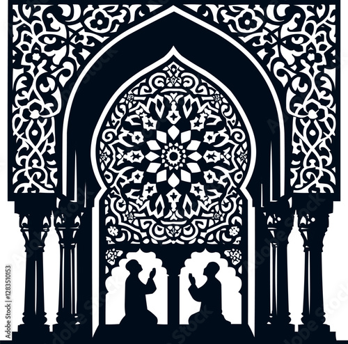 Islamic Prayer Niche with Ornate Geometric Patterns and Worshipers