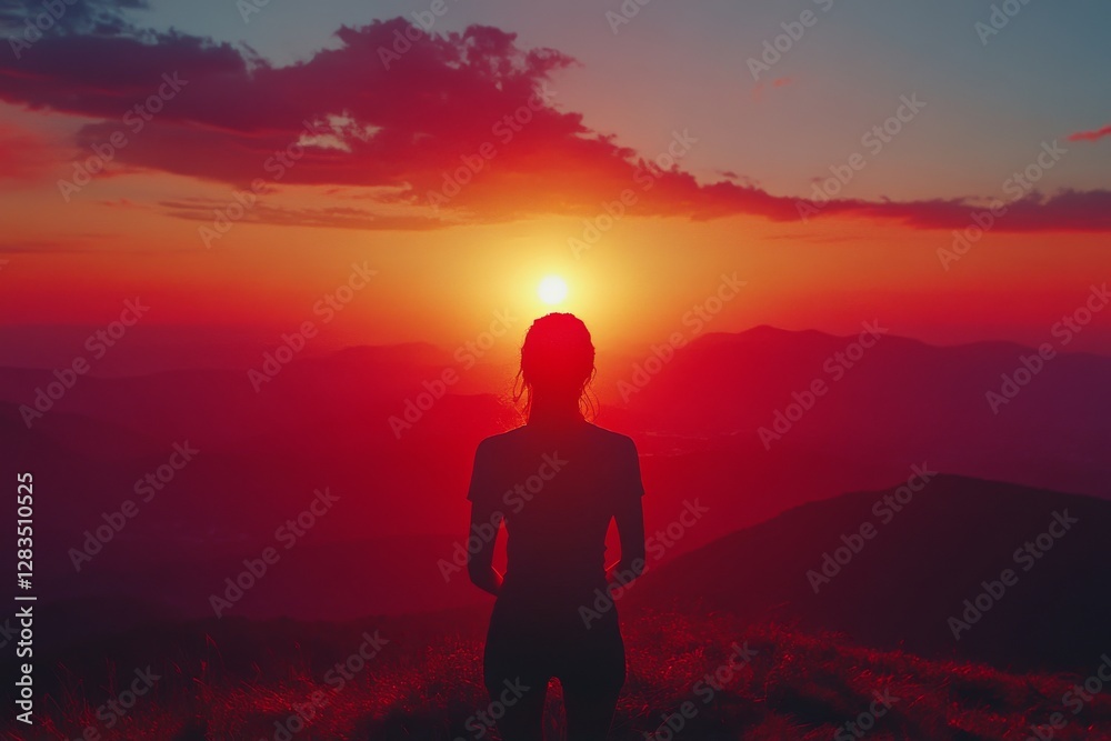 Beautiful sunset view from a mountain top with silhouette of a woman admiring nature's colors Beautiful sunset view from a mountain top with silhouette of a woman admiring nature's colors