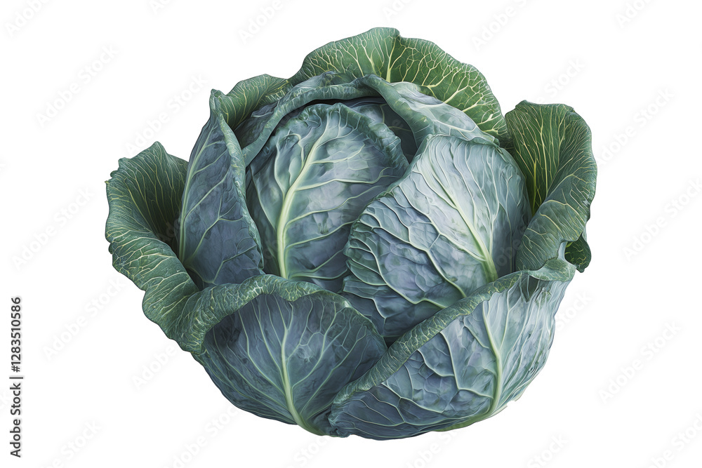 Fototapeta premium Whole green cabbage with vibrant outer leaves isolated on a transparent background. Fresh and organic vegetable concept, healthy food ingredient