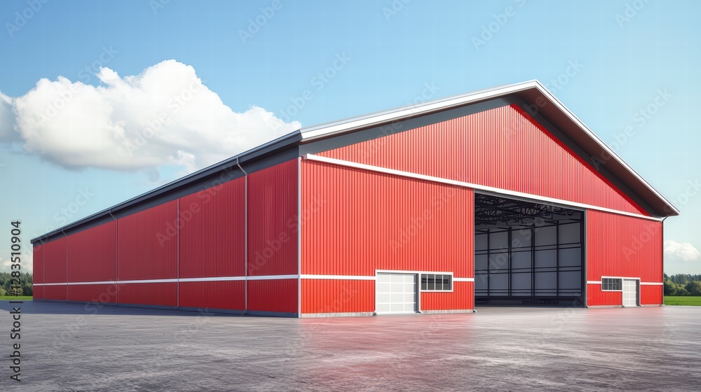 Fototapeta premium Red Hangar Under Blue Sky: A large, vibrant red hangar stands imposingly against a clear blue sky with fluffy clouds.