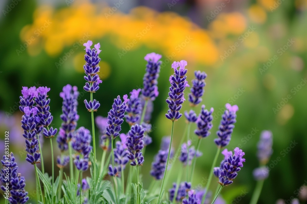 Fototapeta premium Vibrant lavender blooms surrounded by colorful wildflowers in a sunny garden during summer. Generative AI
