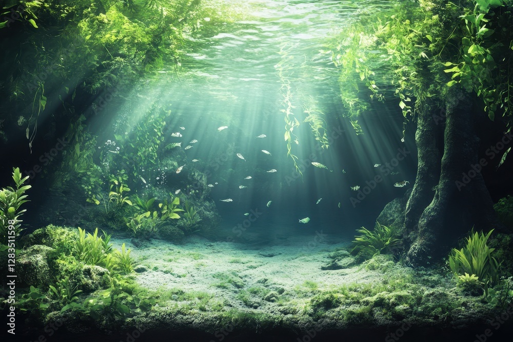 Underwater paradise with vibrant aquatic life and sun rays illuminating the scene