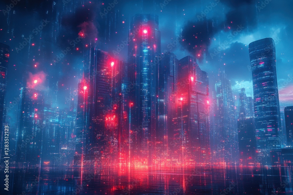 Fototapeta premium Vibrant neon cityscape illuminated by red and blue hues during an evening rainstorm