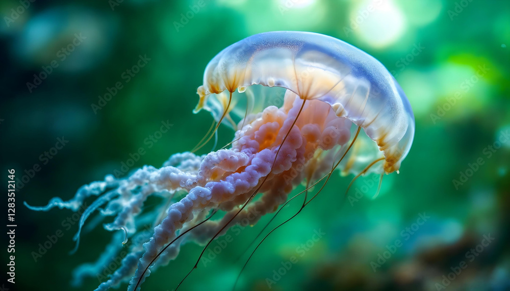 Obraz premium Luminous jellyfish, vibrant colors, underwater scene, bioluminescent