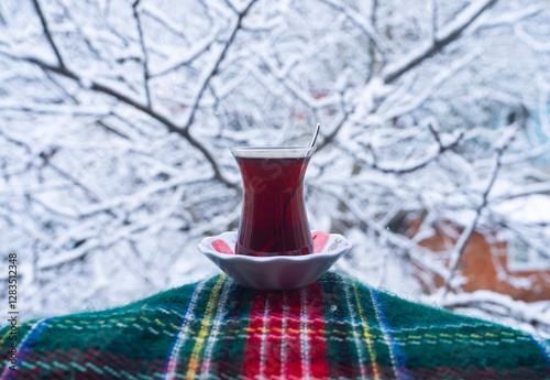 Turkish Tea Under Snow, Winter Season Photo, Uskudar Istanbul, Turkey (Turkey)