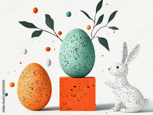 A festive scene featuring two speckled easter eggs, one teal and one orange, adorned with leaves. a white speckled bunny adds charm, set against a clean background with playful dots floating around photo