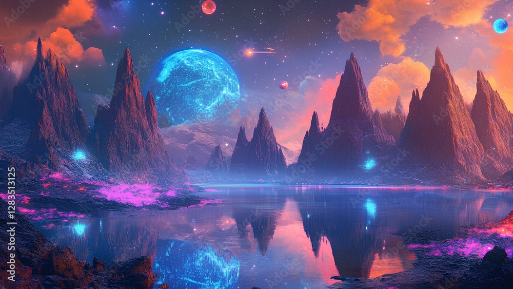 Fototapeta premium A breathtaking extraterrestrial scene featuring towering crystalline mountains, glowing neon flora, and a serene reflective lake under a mesmerizing alien sky with multiple moons and planets.