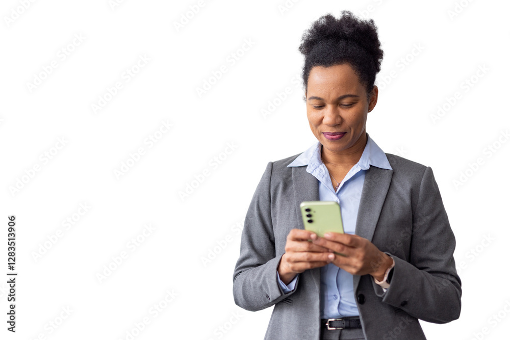 Professional African American woman managing tasks on her smartphone Professional African American woman managing tasks on her smartphone