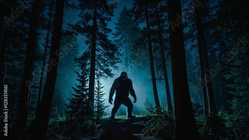 Silhouette of Bigfoot in a forest at night. Illustration of a Sasquatch in the woods in moonlight