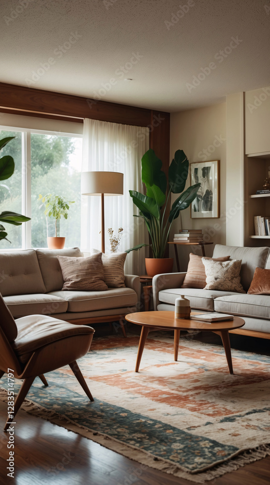 Fototapeta premium Vibrant Mid Century Living Room Design with Wooden Furniture Tropical Plants and Colorful Ethnic Decor Earth Tone Modern Interior design inspiration