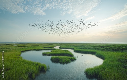 Birds fly over coastal marsh at sunset; nature background