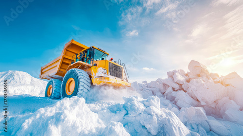 Majestic Mine Truck Ascending Snowy Summit, Industry Transportation