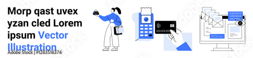 Woman with smartphone, payment terminal, hand tapping card, desktop with digital document setup. Ideal for technology, financial services, workflow management, automation, fintech ecommerce flat