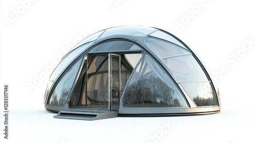 Futuristic Glamping Dome: A modern geodesic dome, ideal for outdoor retreat, offering comfort and style. It has transparent walls and doors, showcasing the natural surroundings