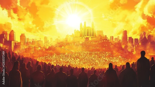Illustration revelation of Jesus Christ, new testament, religion of christianity, heaven and hell over the crowd of people, Jerusalem of the bible --