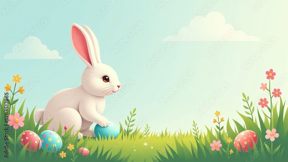 Fototapeta premium easter bunny hides eggs beautiful green meadow surrounded colorful flowers