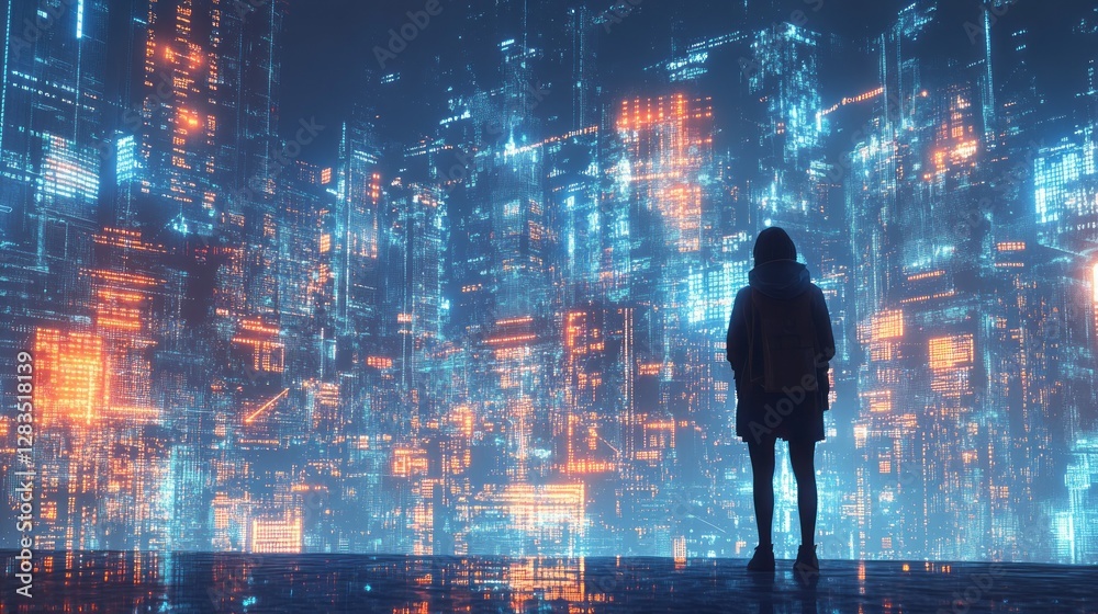 Person stands before futuristic cityscape with illuminated holographic structures Person stands before futuristic cityscape with illuminated holographic structures