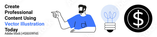 Man pointing at innovative ideas represented by a glowing light bulb, alongside a bold dollar sign symbol. Ideal for creativity, innovation, marketing, business strategy, entrepreneurship, growth