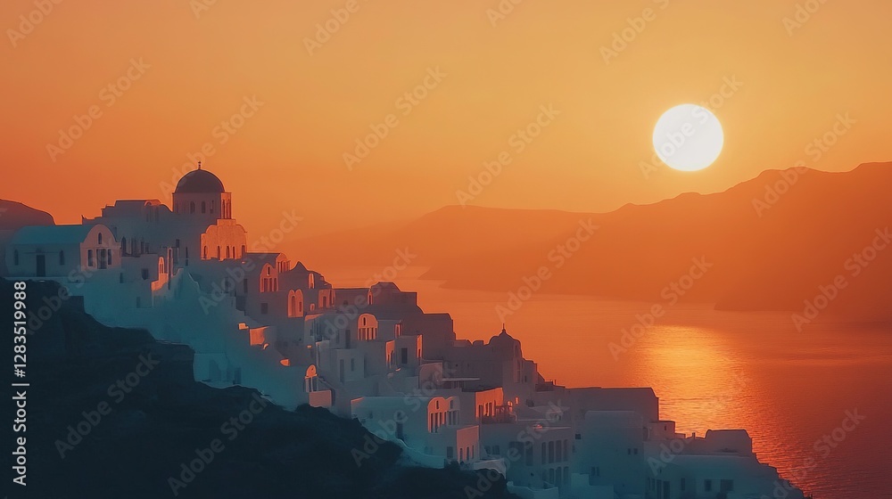 Fototapeta premium Sunset over whitewashed village by the sea.