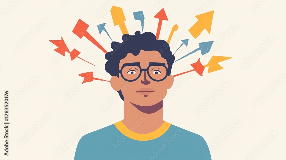 Thoughtful Man with Arrows Pointing Out of Head Thoughtful Man with Arrows Pointing Out of Head