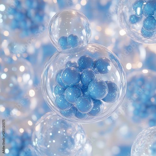 GClose-up of blue exosome particles inside transparent spheres. 3D illustration of exosomes in biotechnology. Scientific visualization related to cosmetology and trichology.enerated image