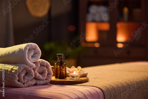 Принти на полотні Medium close up of three towel roll, small jar of aromatic oil and tiny tea cand