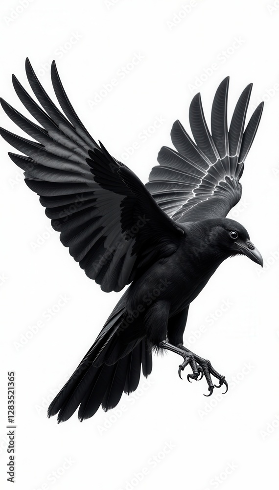 Obraz premium Flying bird crow front isolated black and white illustration , flight, silhouette, nature