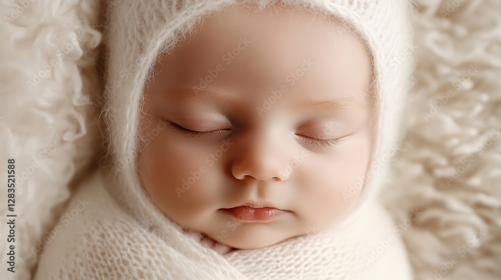 newborn baby, only a couple of hours old, swaddled in soft white blanket, close-up headshot, soft diffused light newborn baby, only a couple of hours old, swaddled in soft white blanket, close-up headshot, soft diffused light