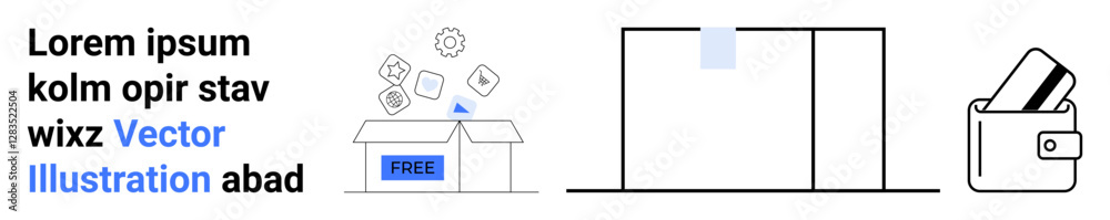 Text block, box with free items, computer screen, wallet with credit cards. Ideal for e-commerce, technology, finance, user interface design, online shopping digital marketing payment solutions Text block, box with free items, computer screen, wallet with credit cards. Ideal for e-commerce, technology, finance, user interface design, online shopping digital marketing payment solutions