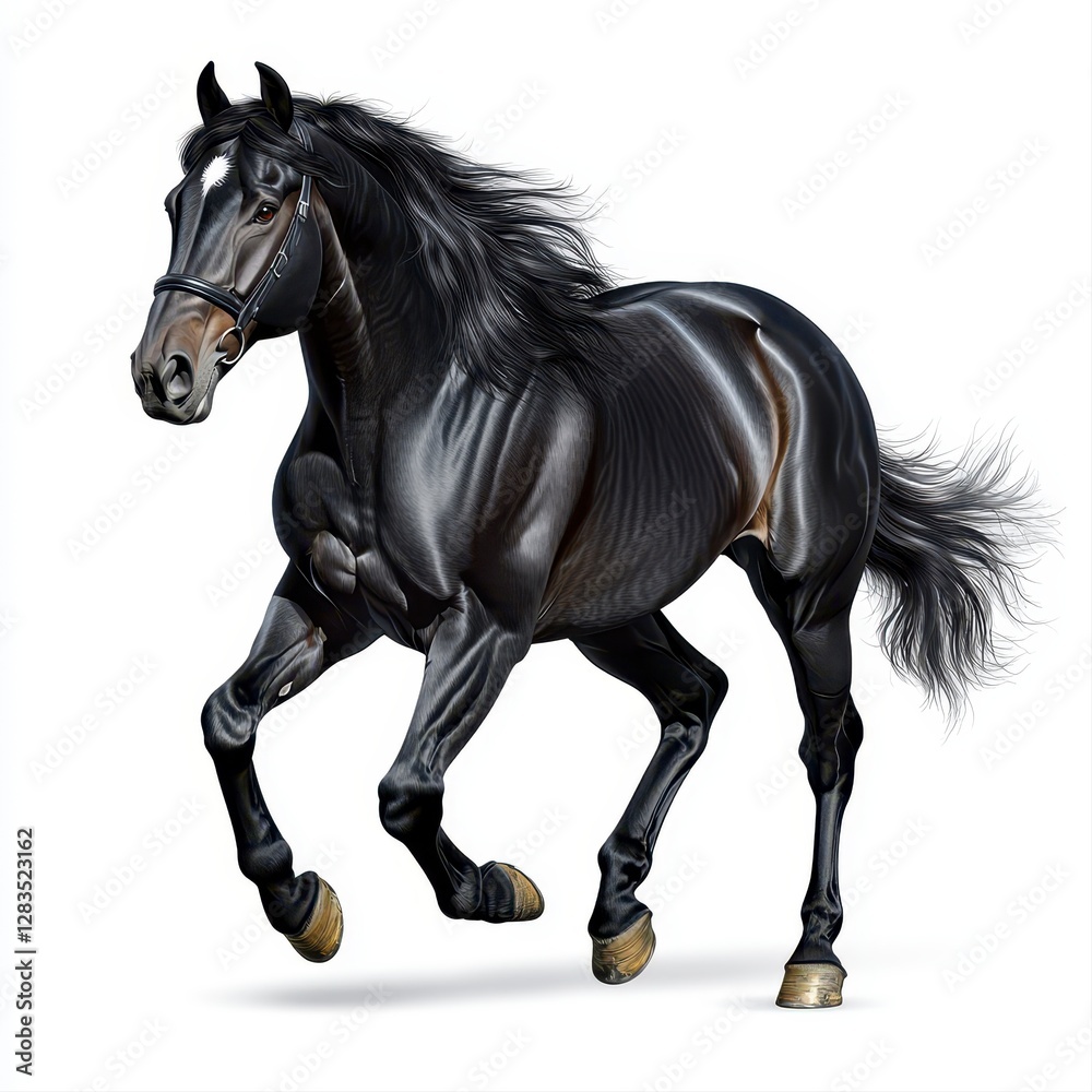 Majestic black horse galloping gracefully on a pure white background with dynamic motion and powerful presence Majestic black horse galloping gracefully on a pure white background with dynamic motion and powerful presence