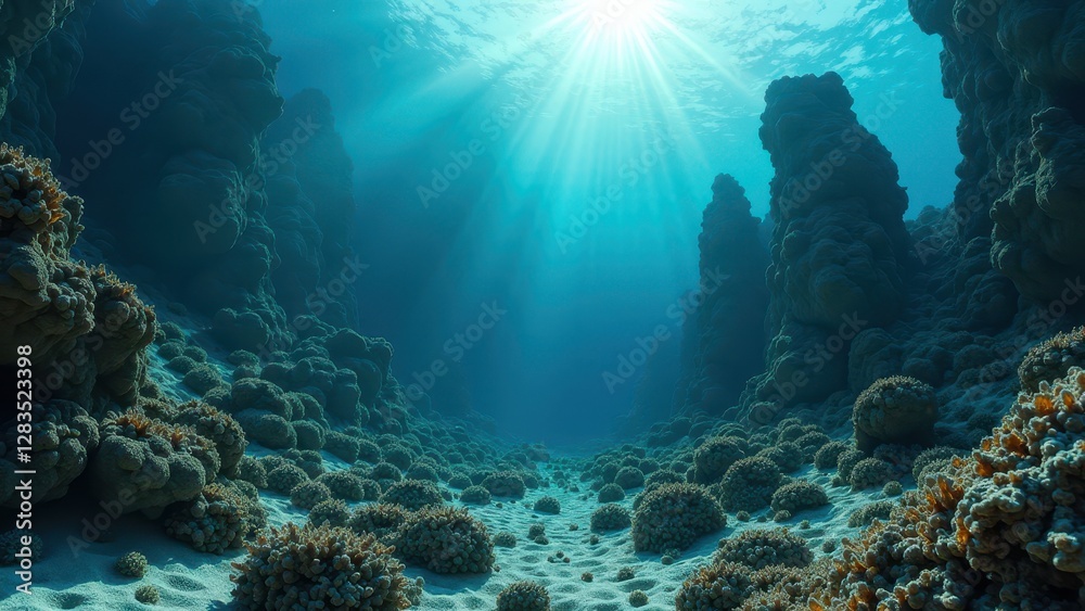 Fototapeta premium Underwater view of a dead coral reef affected by severe coral bleaching with sunlight filtering through 
