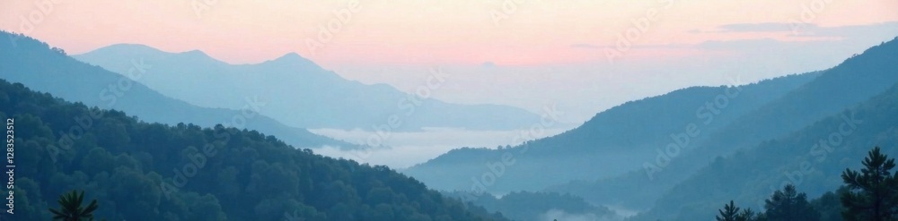 Obraz premium Foggy landscape with misty mountains, serene, mountains, misty