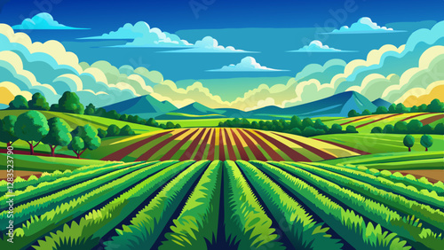 A vibrant green field with rows of crops under a bright blue sky and fluffy clouds.