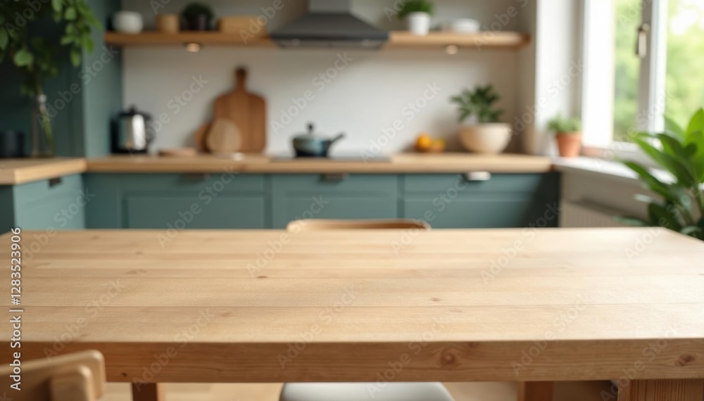 Light oak kitchen table, blurred Scandinavian backdrop, interior, house, space