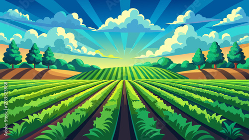 A vibrant green field with rows of crops under a bright blue sky and fluffy clouds.