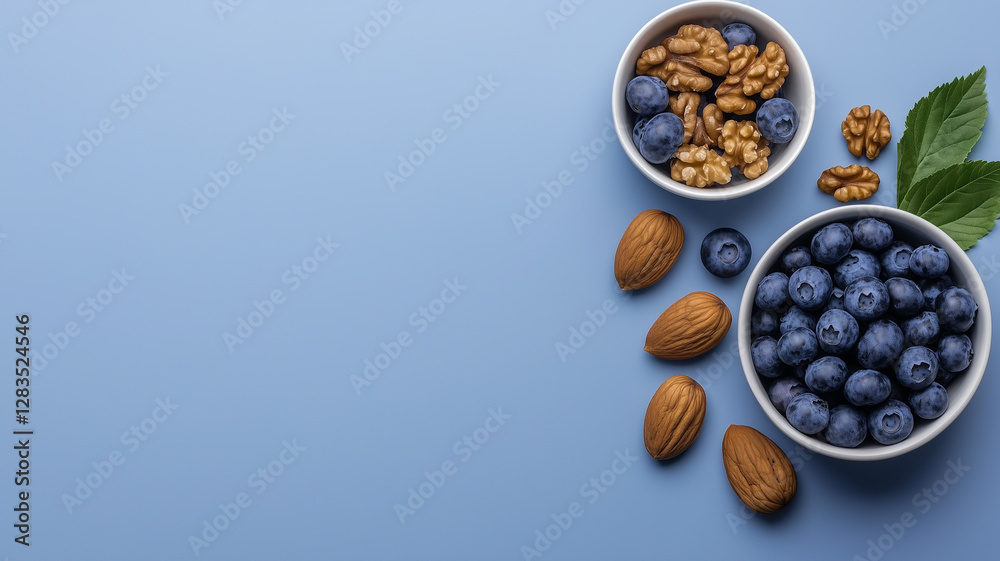 Fresh Harvest: Vibrant blueberries and hearty walnuts nestle in pristine bowls, accented by lush green leaves on a solid backdrop, a testament to natural goodness and healthy eating. Fresh Harvest: Vibrant blueberries and hearty walnuts nestle in pristine bowls, accented by lush green leaves on a solid backdrop, a testament to natural goodness and healthy eating.