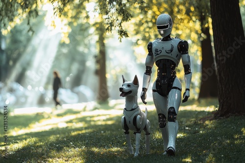 A futuristic scene featuring a humanoid robot walking a robotic dog in a sunlit park, creating a blend of nature and artificial intelligence in a serene setting. photo