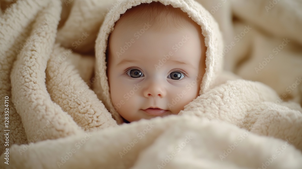 Newborn baby wrapped in soft blanket, head and shoulders portrait, natural ambient light Newborn baby wrapped in soft blanket, head and shoulders portrait, natural ambient light