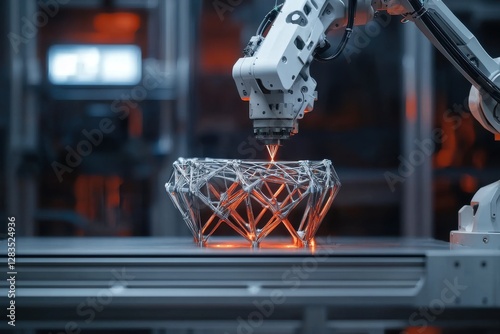 A white robotic arm utilizing laser technology to create a complex geometric structure, representing advanced manufacturing, innovation, and the future of industrial automation in a modern factory.