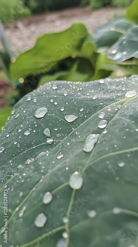Close-up of raindrops on the edge of an oversized green leaf
